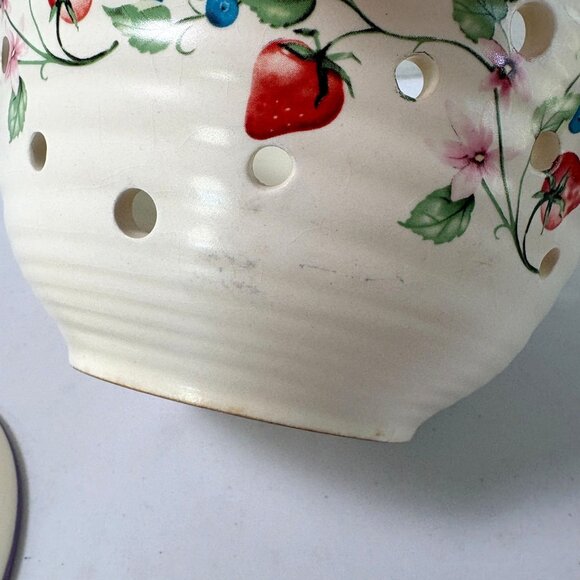 Strawberry Blueberry Fruit Flower Ceramic Colander with Tray Cottage Farmhouse - Picture 8 of 11